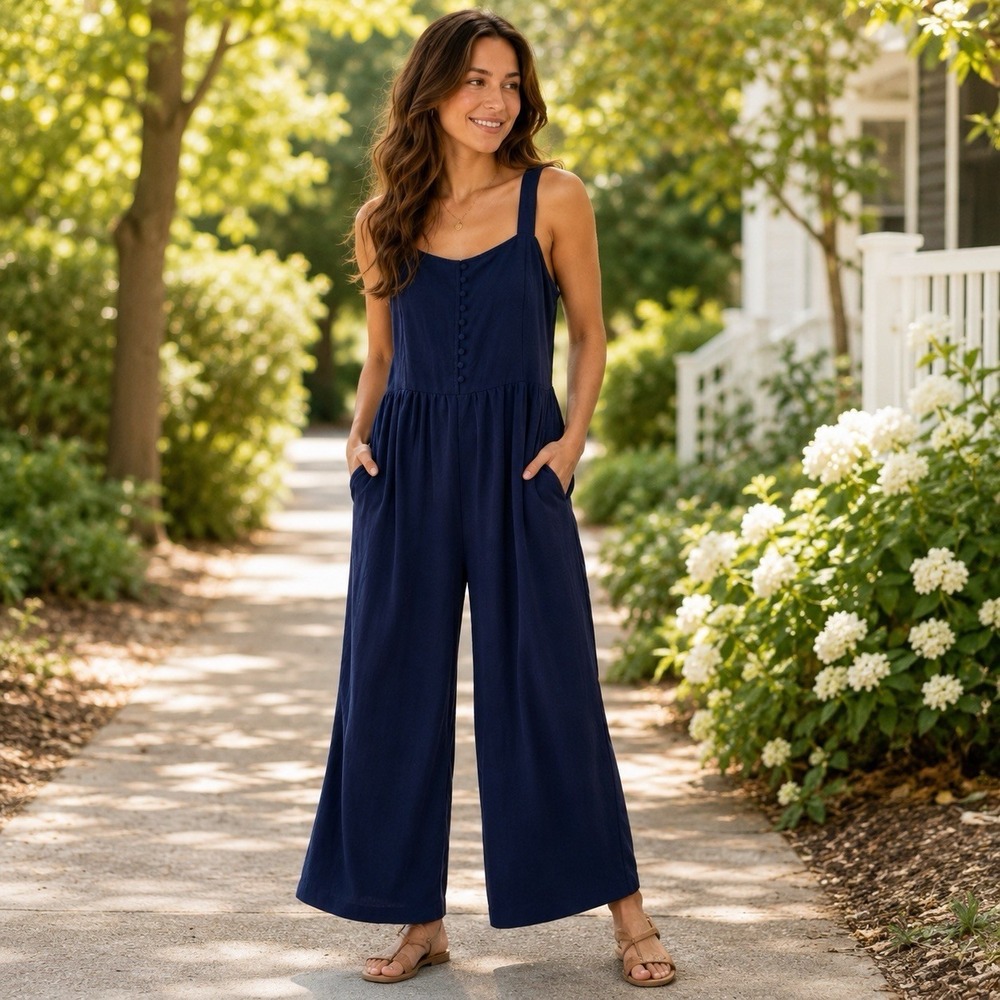 NWOT Madewell Navy Smocked Button Front Wide Leg  Jumpsuit Minimalist‎ Summer 2